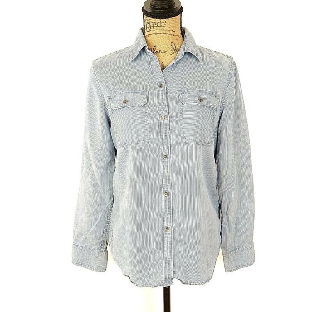 Chaps Blue Striped Button Down Shirt Long Slv Classic Preppy Coastal Resort sz S
